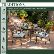 Hanover - Traditions 5pc: 4 Dining Chairs, 48" Round Glass Top Table - Blue/Glass-United Backyard