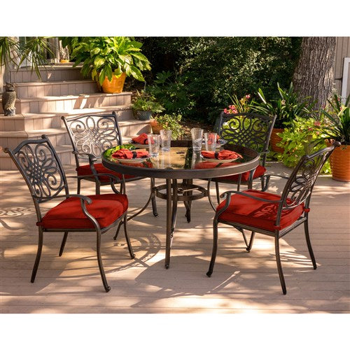 Hanover - Traditions 5pc: 4 Dining Chairs, 48" Round Glass Top Table - Red/Glass-United Backyard