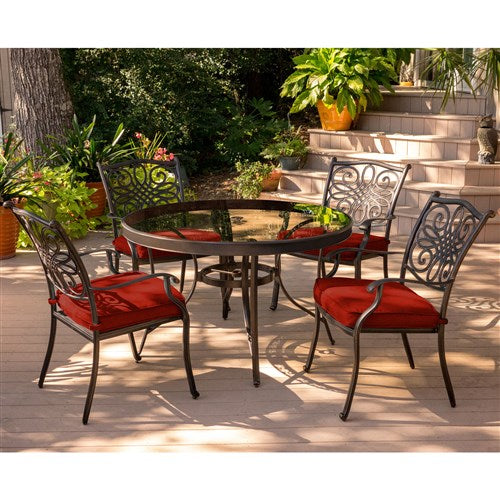 Hanover - Traditions 5pc: 4 Dining Chairs, 48" Round Glass Top Table - Red/Glass-United Backyard