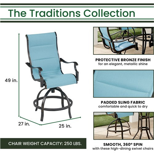 Hanover - Traditions 5pc: 4 Padded Swivel Center Height Chairs, 42" Cast Table, Umbrella, Base - Blue/Bronze-United Backyard