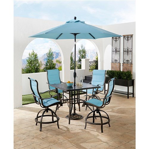 Hanover - Traditions 5pc: 4 Padded Swivel Center Height Chairs, 42" Cast Table, Umbrella, Base - Blue/Bronze-United Backyard