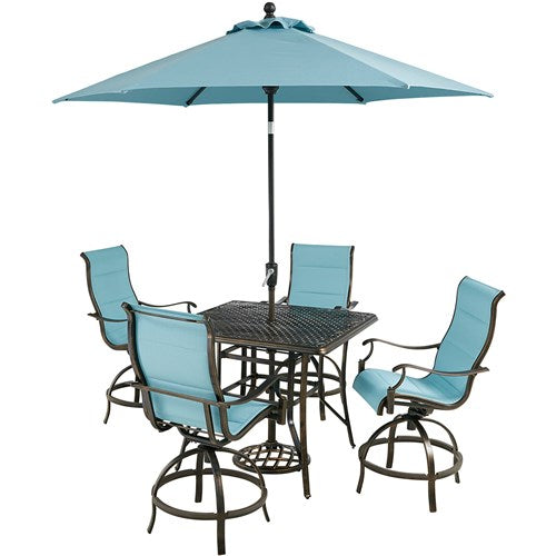 Hanover - Traditions 5pc: 4 Padded Swivel Center Height Chairs, 42" Cast Table, Umbrella, Base - Blue/Bronze-United Backyard