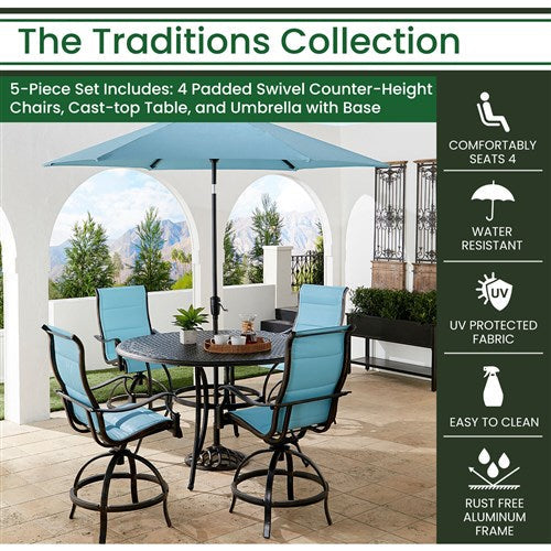 Hanover - Traditions 5pc: 4 Padded Swivel Center Height Chairs, 56" Cast Table, Umbrella, Base - Blue/Bronze-United Backyard