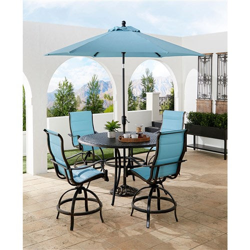 Hanover - Traditions 5pc: 4 Padded Swivel Center Height Chairs, 56" Cast Table, Umbrella, Base - Blue/Bronze-United Backyard