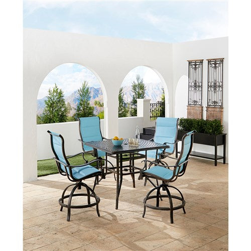 Hanover - Traditions 5pc: 4 Padded Swivel Counter Height Chairs, 42" Square Cast Table - Blue/Bronze-United Backyard