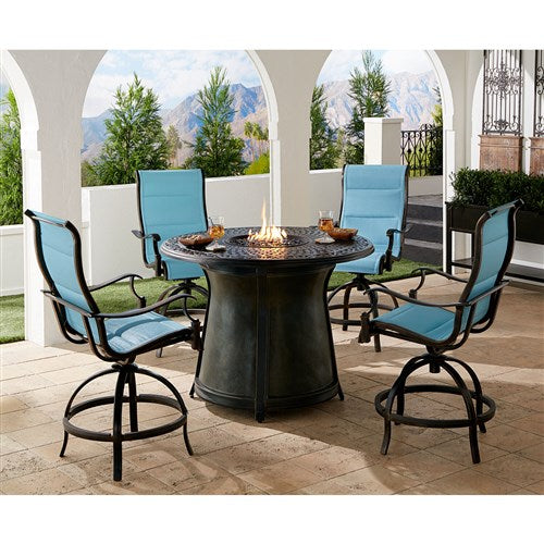 Hanover - Traditions 5pc: 4 Padded Swivel Counter Height Chairs, 48" Cast Fire Table - Blue/Bronze-United Backyard