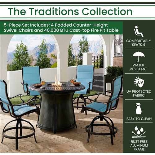 Hanover - Traditions 5pc: 4 Padded Swivel Counter Height Chairs, 48" Cast Fire Table - Blue/Bronze-United Backyard