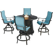 Hanover - Traditions 5pc: 4 Padded Swivel Counter Height Chairs, 48" Cast Fire Table - Blue/Bronze-United Backyard