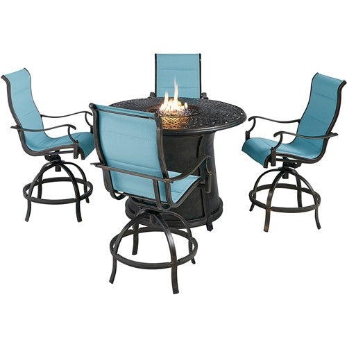 Hanover - Traditions 5pc: 4 Padded Swivel Counter Height Chairs, 48" Cast Fire Table - Blue/Bronze-United Backyard