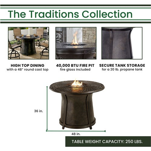 Hanover - Traditions 5pc: 4 Padded Swivel Counter Height Chairs, 48" Cast Fire Table - Tan/Bronze-United Backyard