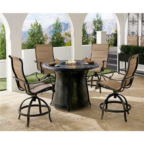 Hanover - Traditions 5pc: 4 Padded Swivel Counter Height Chairs, 48" Cast Fire Table - Tan/Bronze-United Backyard