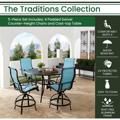 Hanover - Traditions 5pc: 4 Padded Swivel Counter Height Chairs, 56" Round Cast Table - Blue/Bronze-United Backyard