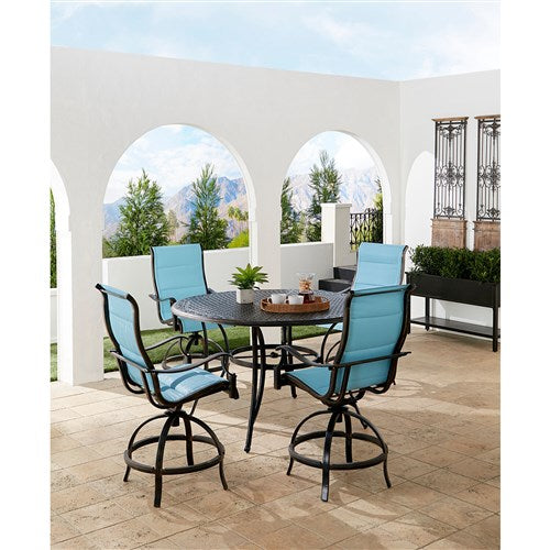 Hanover - Traditions 5pc: 4 Padded Swivel Counter Height Chairs, 56" Round Cast Table - Blue/Bronze-United Backyard