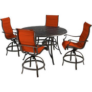 Hanover - Traditions 5pc: 4 Padded Swivel Counter Height Chairs, 56" Round Cast Table - Red/Bronze-United Backyard