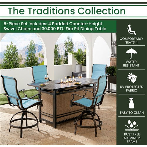 Hanover - Traditions 5pc: 4 Padded Swivel Counter Height Chairs, Slat Fire Pit Tbl - Blue/Bronze-United Backyard