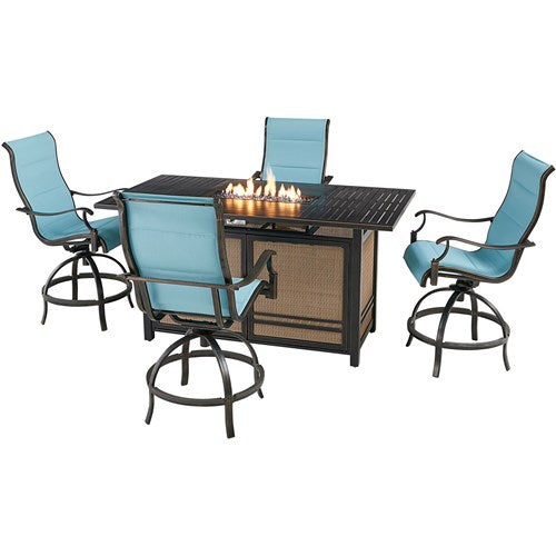 Hanover - Traditions 5pc: 4 Padded Swivel Counter Height Chairs, Slat Fire Pit Tbl - Blue/Bronze-United Backyard