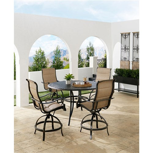 Hanover - Traditions 5pc: 4 Padded Swivel Counter Hght Chairs, 56" Round Cast Tbl - Tan/Bronze-United Backyard