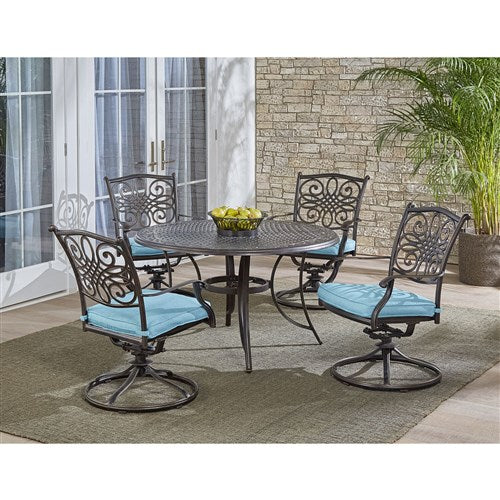 Hanover - Traditions 5pc: 4 Swivel Rockers, 48" Round Cast Table - Blue/Cast-United Backyard