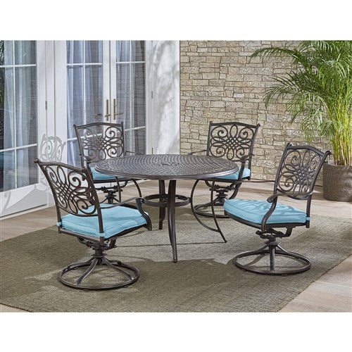 Hanover - Traditions 5pc: 4 Swivel Rockers, 48" Round Cast Table - Blue/Cast-United Backyard