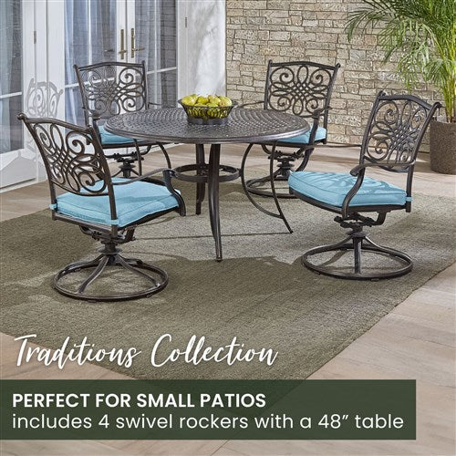 Hanover - Traditions 5pc: 4 Swivel Rockers, 48" Round Cast Table - Blue/Cast-United Backyard