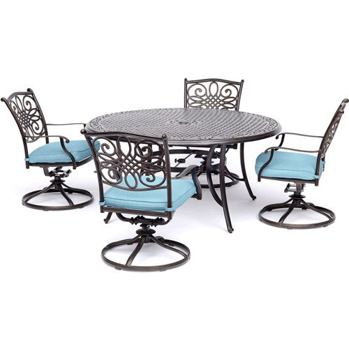 Hanover - Traditions 5pc: 4 Swivel Rockers, 48" Round Cast Table - Blue/Cast-United Backyard