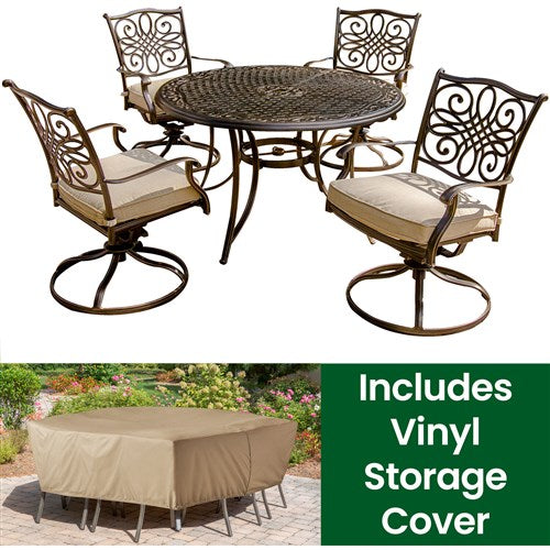 Hanover - Traditions 5pc: 4 Swivel Rockers, 48" Round Cast Table, Includes Cover - Tan/Bronze-United Backyard