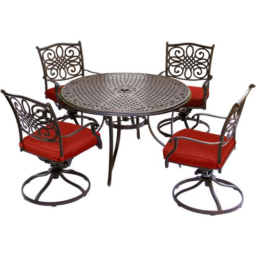Hanover - Traditions 5pc: 4 Swivel Rockers, 48" Round Cast Table - Red/Cast-United Backyard
