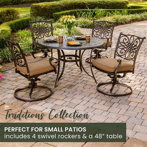 Hanover - Traditions 5pc: 4 Swivel Rockers, 48" Round Cast Table - Tan/Cast-United Backyard