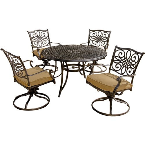 Hanover - Traditions 5pc: 4 Swivel Rockers, 48" Round Cast Table - Tan/Cast-United Backyard