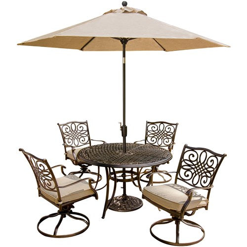 Hanover - Traditions 5pc: 4 Swivel Rockers, 48" Round Cast Table, Umbrella, Base - Tan/Cast-United Backyard