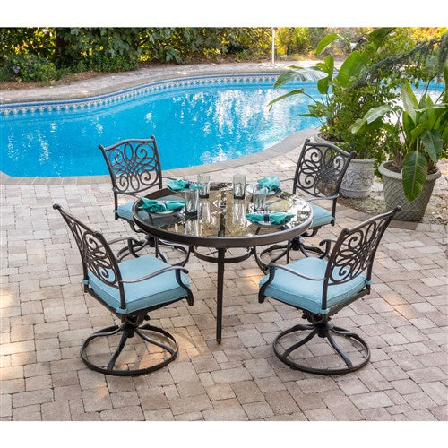 Hanover - Traditions 5pc: 4 Swivel Rockers, 48" Round Glass Top Table - Blue/Glass-United Backyard