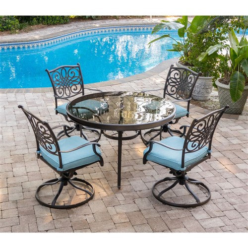 Hanover - Traditions 5pc: 4 Swivel Rockers, 48" Round Glass Top Table - Blue/Glass-United Backyard