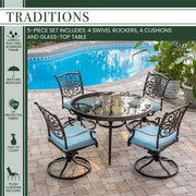 Hanover - Traditions 5pc: 4 Swivel Rockers, 48" Round Glass Top Table - Blue/Glass-United Backyard