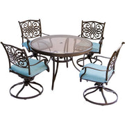 Hanover - Traditions 5pc: 4 Swivel Rockers, 48" Round Glass Top Table - Blue/Glass-United Backyard