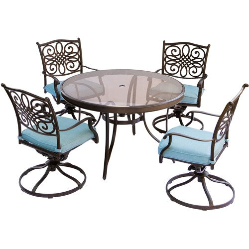 Hanover - Traditions 5pc: 4 Swivel Rockers, 48" Round Glass Top Table - Blue/Glass-United Backyard