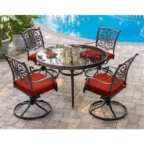 Hanover - Traditions 5pc: 4 Swivel Rockers, 48" Round Glass Top Table - Red/Glass-United Backyard