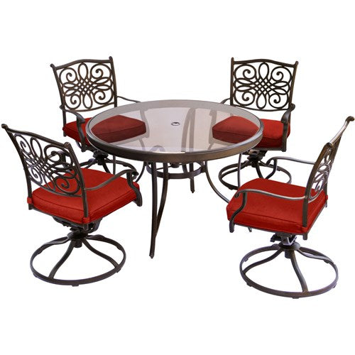 Hanover - Traditions 5pc: 4 Swivel Rockers, 48" Round Glass Top Table - Red/Glass-United Backyard