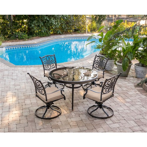 Hanover - Traditions 5pc: 4 Swivel Rockers, 48" Round Glass Top Table - Tan/Glass-United Backyard