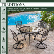 Hanover - Traditions 5pc: 4 Swivel Rockers, 48" Round Glass Top Table - Tan/Glass-United Backyard