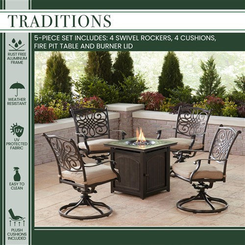 Hanover - Traditions 5pc: 4 Swivel Rockers and 26" Square Fire Pit - Tan/Bronze-United Backyard