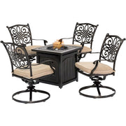 Hanover - Traditions 5pc: 4 Swivel Rockers and 26" Square Fire Pit - Tan/Bronze-United Backyard