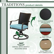 Hanover - Traditions 5pc: 4 Wicker Back Swivel Rockers, 42" Square Glass Table - Blue/Bronze-United Backyard