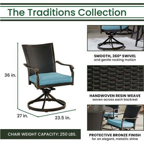 Hanover - Traditions 5pc: 4 Wicker Back Swivel Rockers, 42" Square Glass Table - Blue/Bronze-United Backyard