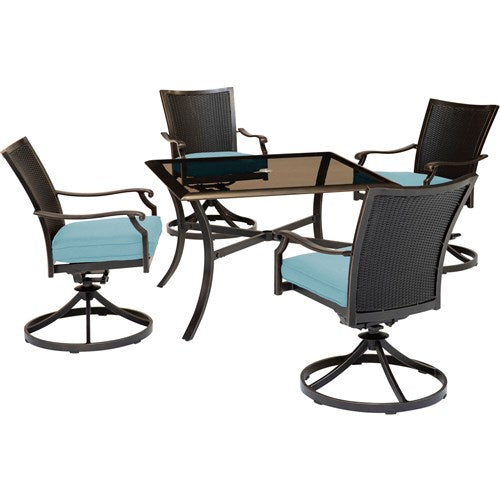 Hanover - Traditions 5pc: 4 Wicker Back Swivel Rockers, 42" Square Glass Table - Blue/Bronze-United Backyard