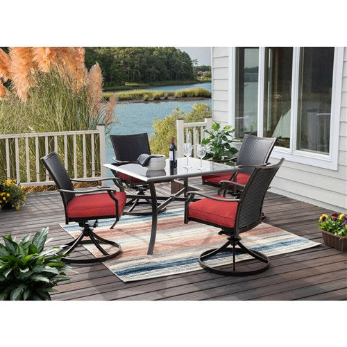 Hanover - Traditions 5pc: 4 Wicker Back Swivel Rockers, 42" Square Glass Table - Red/Bronze-United Backyard