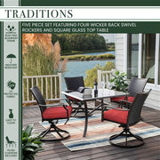 Hanover - Traditions 5pc: 4 Wicker Back Swivel Rockers, 42" Square Glass Table - Red/Bronze-United Backyard