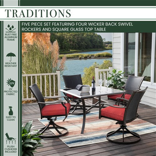 Hanover - Traditions 5pc: 4 Wicker Back Swivel Rockers, 42" Square Glass Table - Red/Bronze-United Backyard