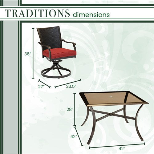 Hanover - Traditions 5pc: 4 Wicker Back Swivel Rockers, 42" Square Glass Table - Red/Bronze-United Backyard