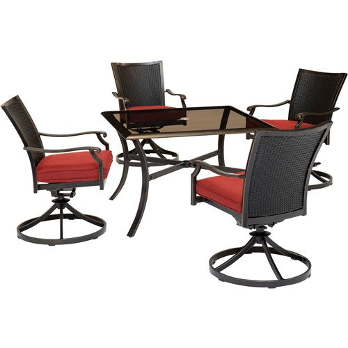 Hanover - Traditions 5pc: 4 Wicker Back Swivel Rockers, 42" Square Glass Table - Red/Bronze-United Backyard