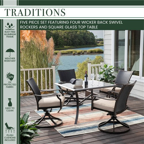 Hanover - Traditions 5pc: 4 Wicker Back Swivel Rockers, 42" Square Glass Table - Tan/Bronze-United Backyard